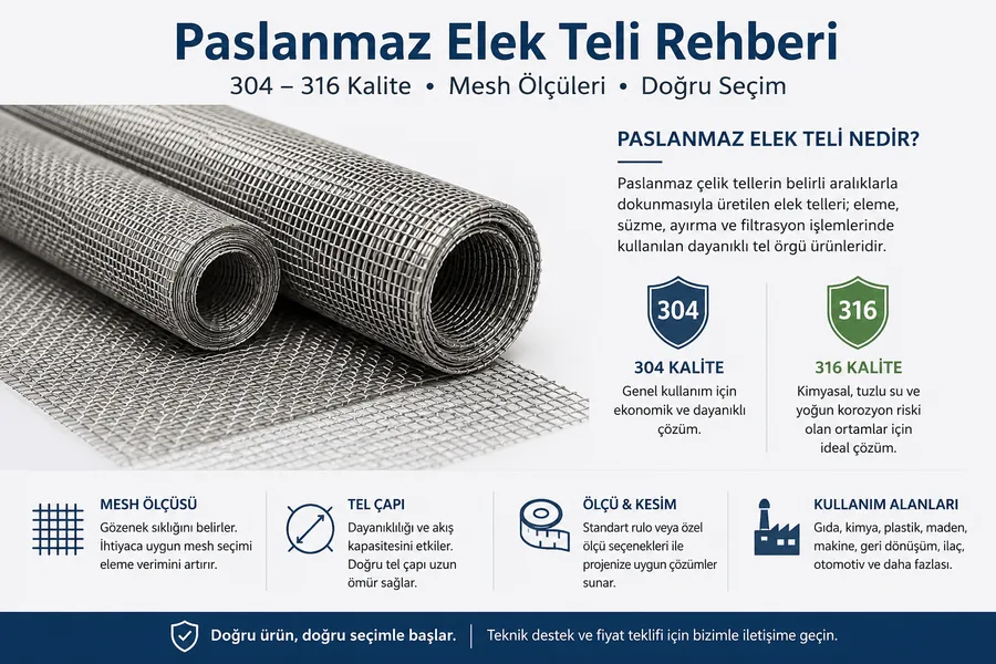 304 ve 316 kalite paslanmaz elek tellerini, mesh ölçüsünü, tel çapını ve kullanım alanlarını gösteren bilgilendirici infografik.
