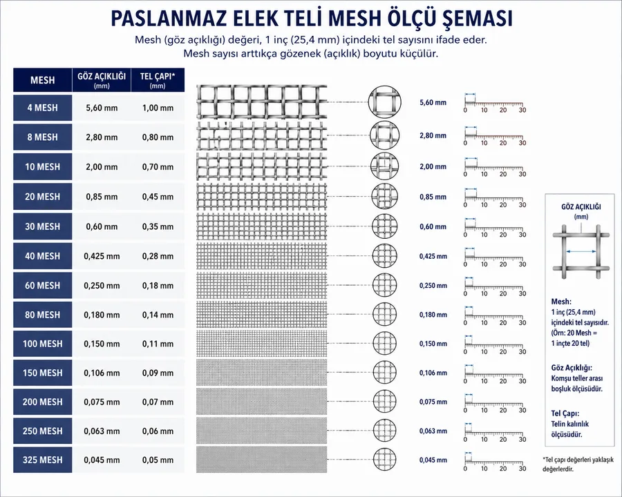 Paslanmaz elek tellerinde kullanılan mesh ölçülerini, göz açıklıklarını ve tel çaplarını gösteren teknik şema.