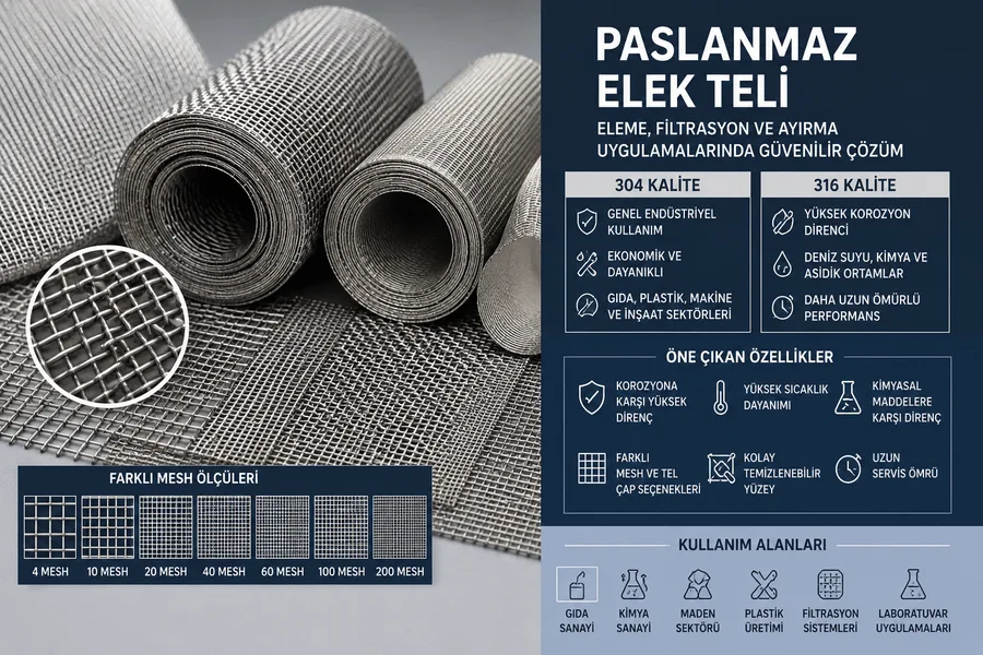 304 ve 316 kalite paslanmaz elek tellerinin mesh ölçüleri, teknik özellikleri ve endüstriyel kullanım alanlarını gösteren infografik.