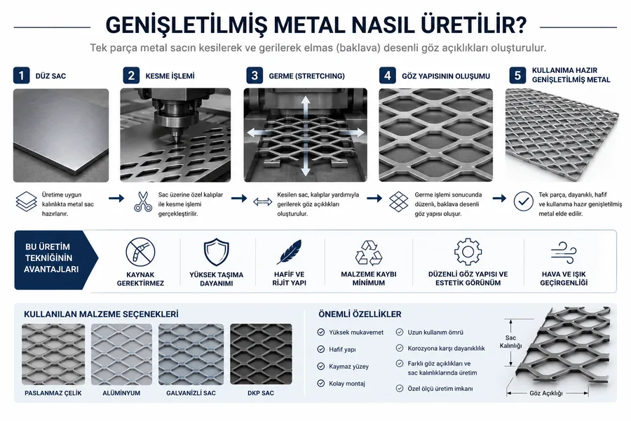 Genişletilmiş metal üretim sürecini gösteren infografik: düz sacın kesilmesi, gerilmesi ve baklava desenli göz yapısına dönüştürülmesi.