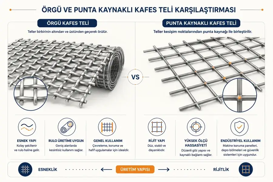 Örgü kafes teli ile punta kaynaklı kafes telinin tel yapısını, esneklik ve rijitlik farklarını karşılaştıran teknik illüstrasyon.