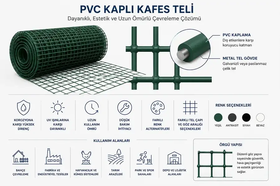 PVC kaplı kafes telinin metal tel gövdesi, PVC koruyucu kaplaması ve temel teknik özelliklerini gösteren açıklayıcı diyagram.