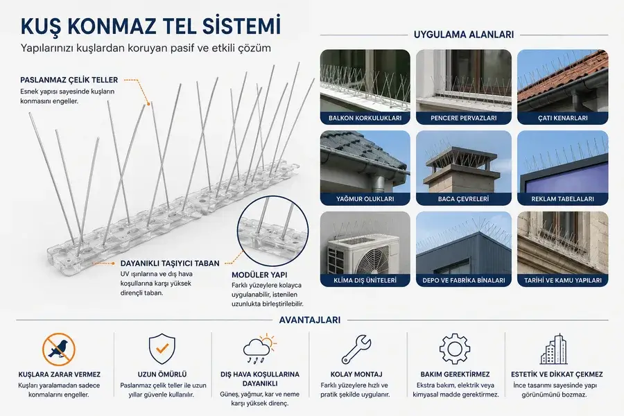 Kuş konmaz tel sisteminin paslanmaz telleri, uygulama alanları ve çalışma prensibini gösteren teknik diyagram.