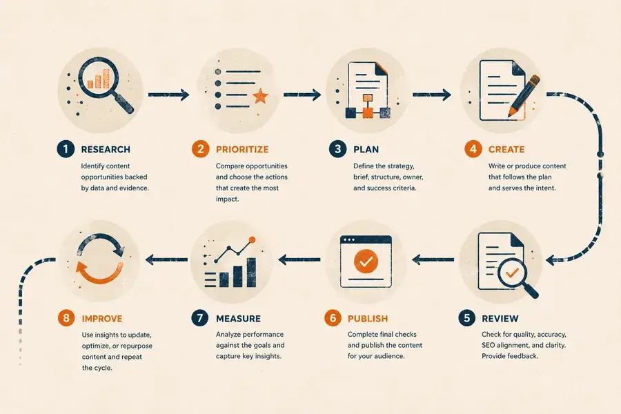 Eight-stage content operations workflow showing research, prioritization, planning, creation, review, publishing, measurement, and improvement.